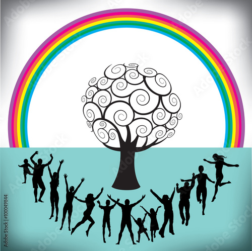 Outdoor people having fun around a tree with rainbow