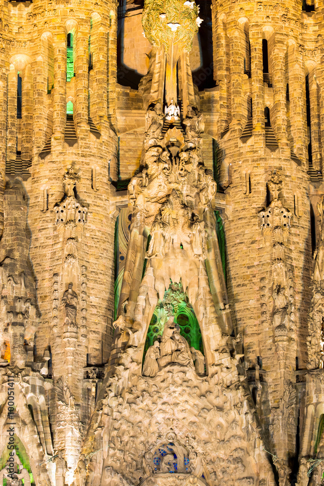 Facade of the Sagrada Familia in Barcelona at night