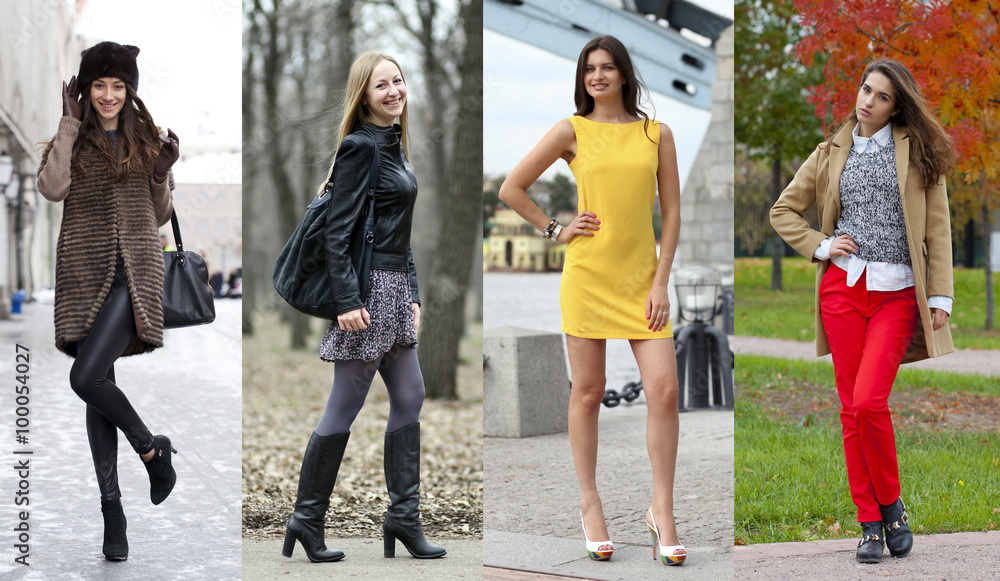 Fototapeta premium Collage of four different models in fashionable clothes for the
