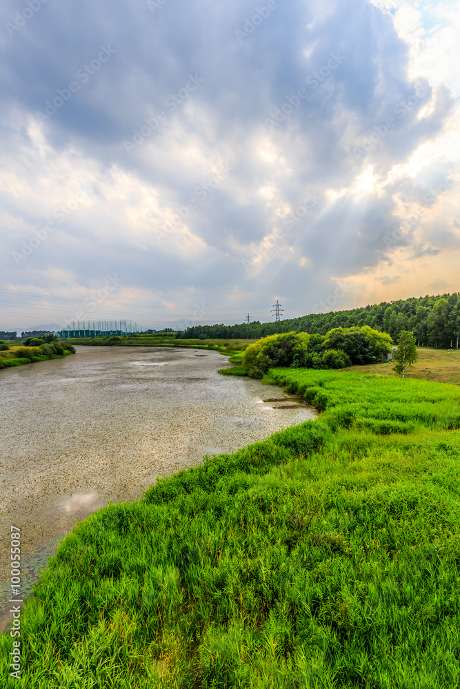 beautiful riverbank in hokkaido outskirt