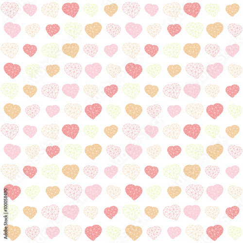 Low-poly polygonal background. Valentine's Day. Seamless pattern with geometric hearts. Holiday template. Abstract texture made of triangles. Outline. For wallpaper, web page, surface textures.