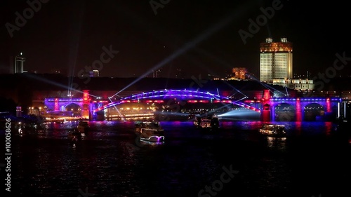 Laser video show on the bridge in Moscow, Russia 