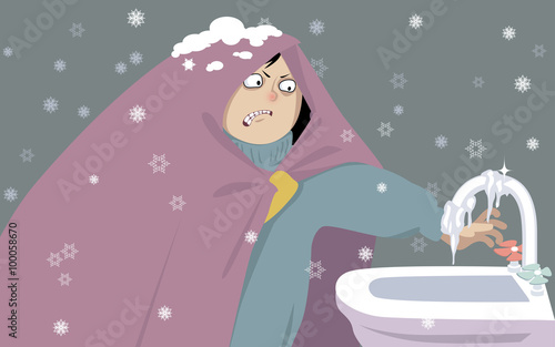 Young woman, wrapped in a blanket trying to turn on water from a frozen tap, EPS 8 vector illustration, no transparencies
