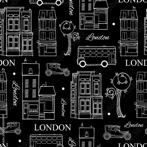 Vector Black White London Streets Hand Drawn Seamless Pattern with houses, trees, busses, and cars. photo