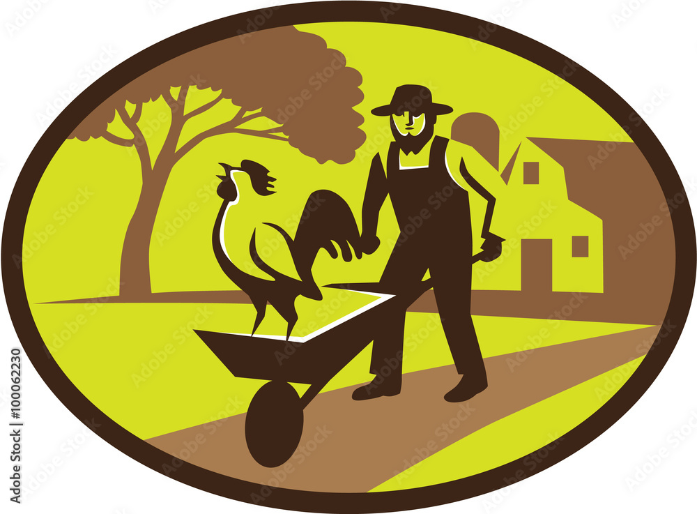 Amish Farmer Rooster Wheelbarrow Farm Oval Retro Stock Vector