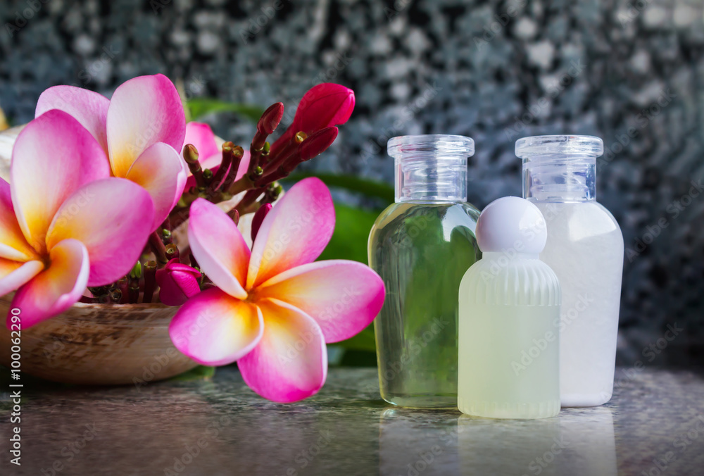 Mini set of bubble bath and shower gel liquid on marble table Mini set of bubble bath and shower gel liquid on marble table