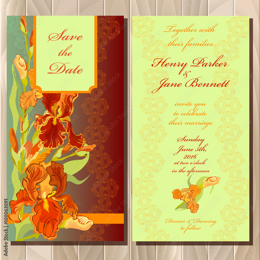 Fototapeta Wedding invitation card with red iris flower background. Vector illustration