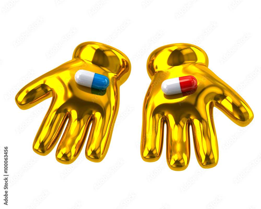 Concept of choice.Golden hands with the red and blue pills Concept of choice.Golden hands with the red and blue pills