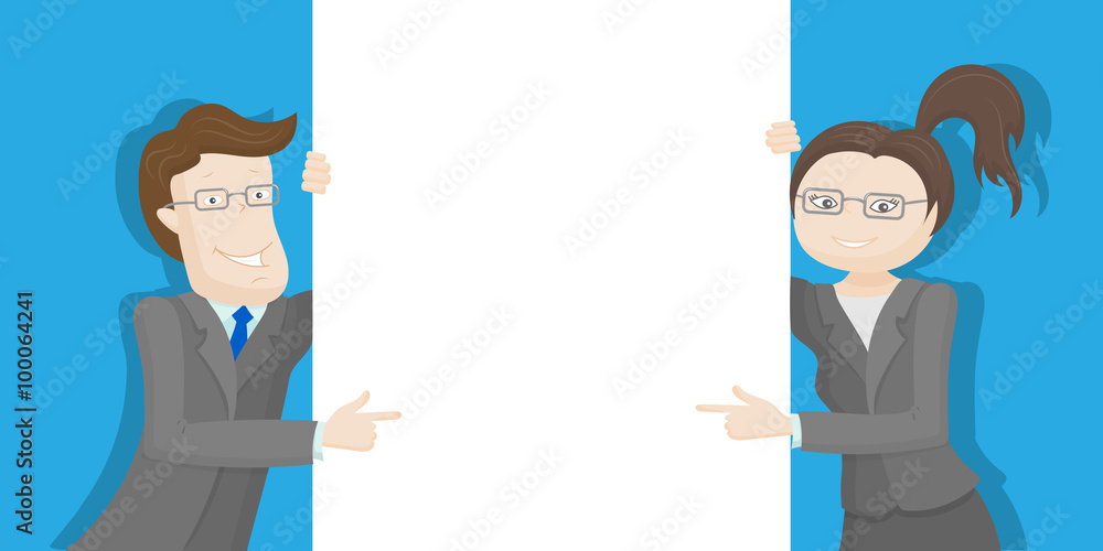 Woman and man in business clothes indicate an empty banner Woman and man in business clothes indicate an empty banner