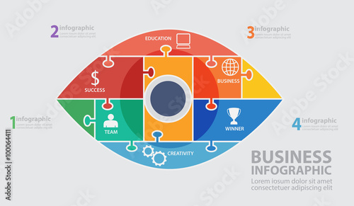 multicolored eye consisting of flat pieces and puzzles with busi