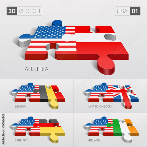 USA and Austria, Belgium, United Kingdom, Germany, Ireland Flag. 3d vector puzzle. Set 01.