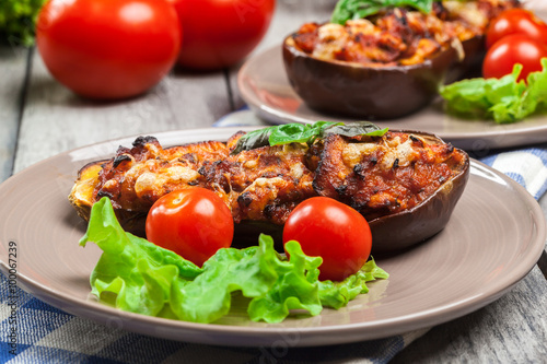 Baked eggplant with pieces of chicken