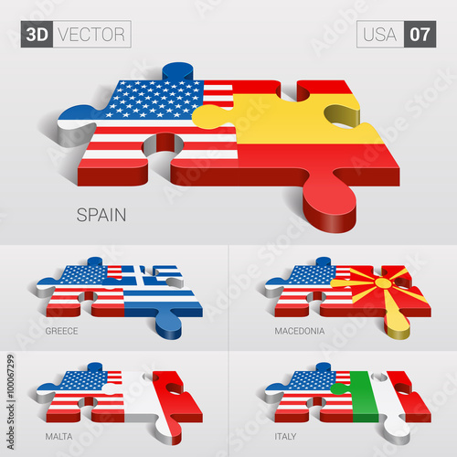 USA and Spain, Greece, Macedonia, Malta, Italy Flag. 3d vector puzzle. Set 07.
