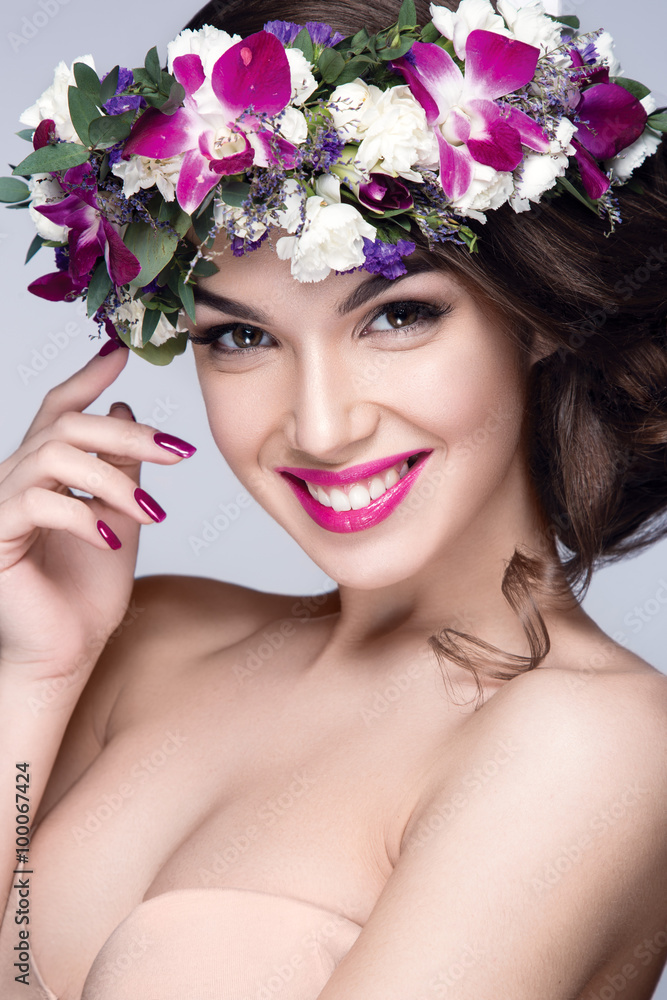 Beautiful woman portrait with flowers on head Beautiful woman portrait with flowers on head