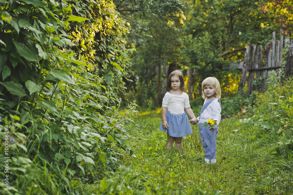 Fototapeta premium The children walk along the summer garden 4758.