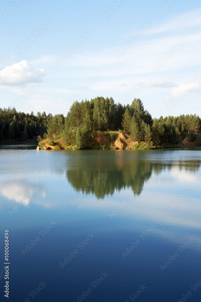 Naklejka premium Forest reflecting in lake