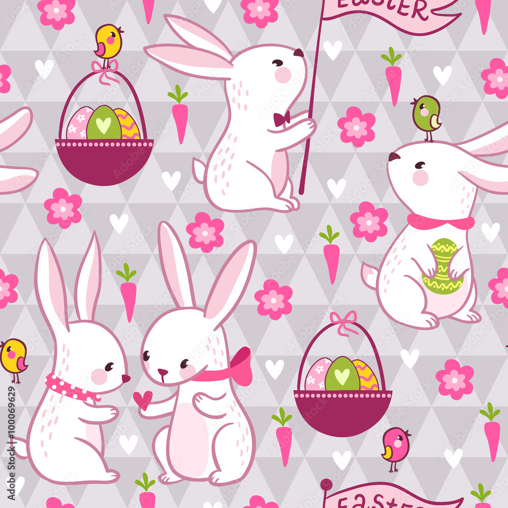 Naklejka premium Easter concept seamless pattern in vector. Cartoon background with cute rabbits.