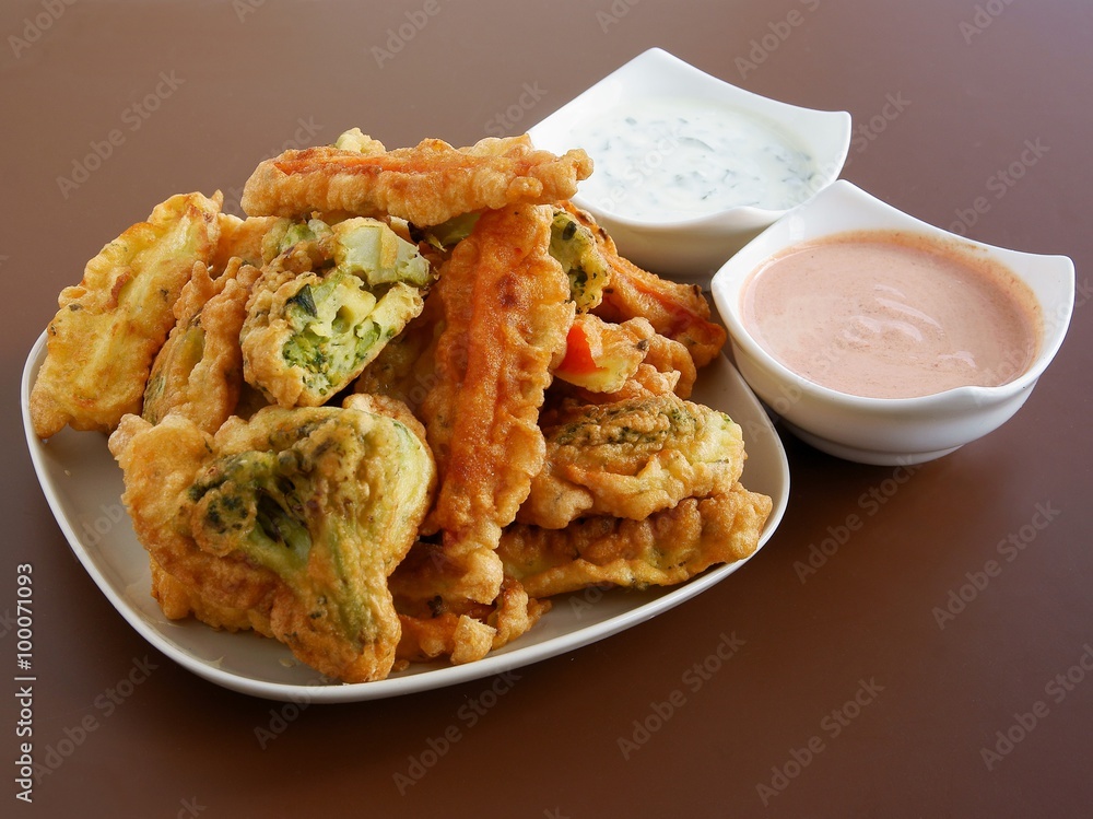 vegetables coated in bread-crumbs and eggs with sauces vegetables coated in bread-crumbs and eggs with sauces