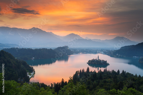 Lake Bled in summer, beautiful island in the middle of a lake.