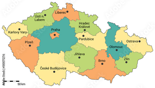 Czech republic administrative map. Regions  capital city and regional cities on the map with scale.