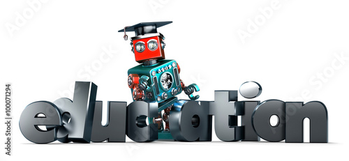 Retro robot with EDUCATION sign. Isolated. Contains clipping path