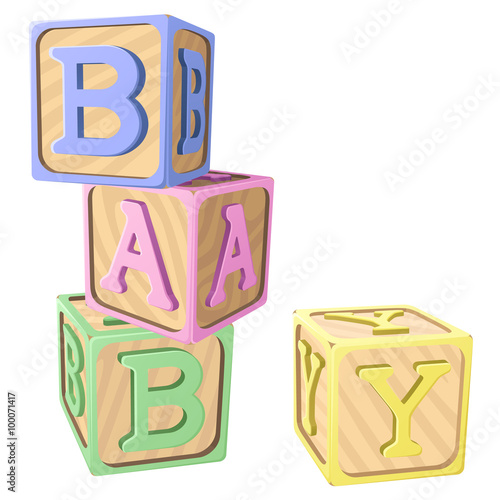 Vector illustration of pastel-colored alphabet blocks spelling out the word "BABY."