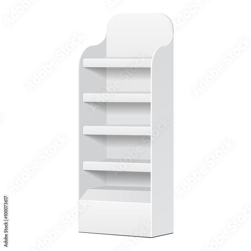 White POS POI Cardboard Floor Display Rack For Supermarket Blank Empty Displays With Shelves Products On White Background Isolated. Ready For Your Design. Product Packing. Vector EPS10 