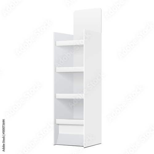 White POS POI Cardboard Floor Display Rack For Supermarket Blank Empty Displays With Shelves Products On White Background Isolated. Ready For Your Design. Product Packing. Vector EPS10 
