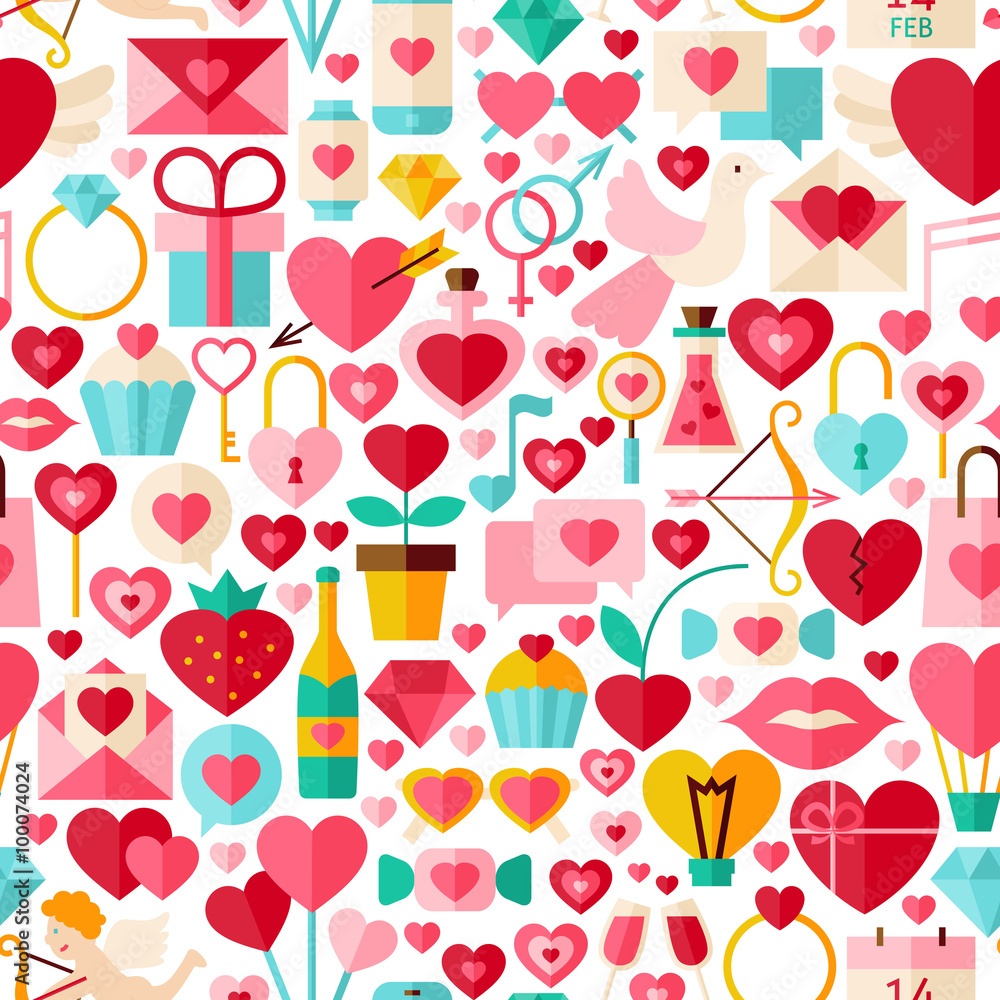Valentine Day Vector Flat Design White Seamless Pattern Valentine Day Vector Flat Design White Seamless Pattern