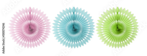 Green, blue and pink paper pom poms for a party