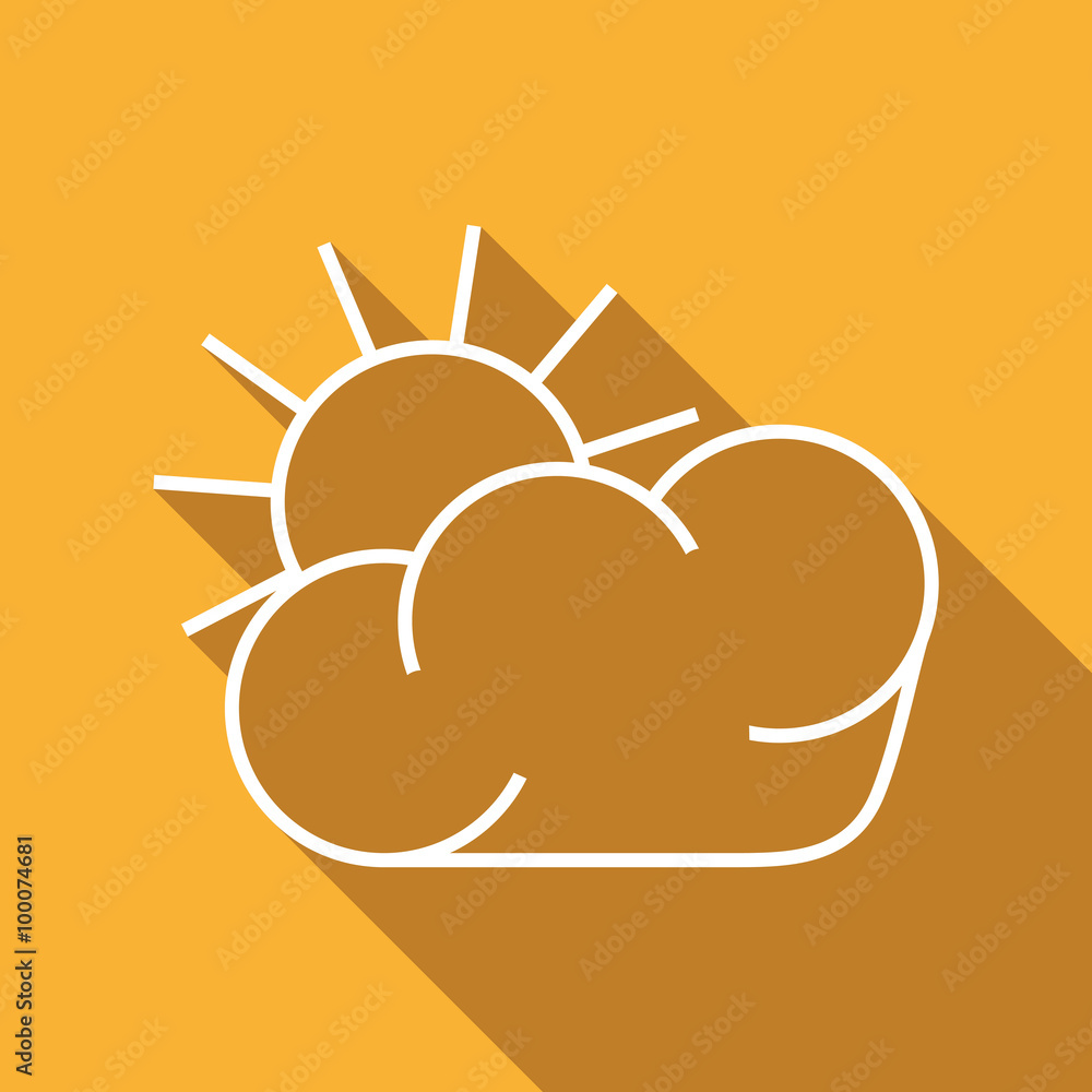 Flat Icon of cloud and sun. Isolated on stylish yellow background. Elements with a long shadow.Contour illustration.Flat design style modern vector image. Flat Icon of cloud and sun. Isolated on stylish yellow background. Elements with a long shadow.Contour illustration.Flat design style modern vector image.