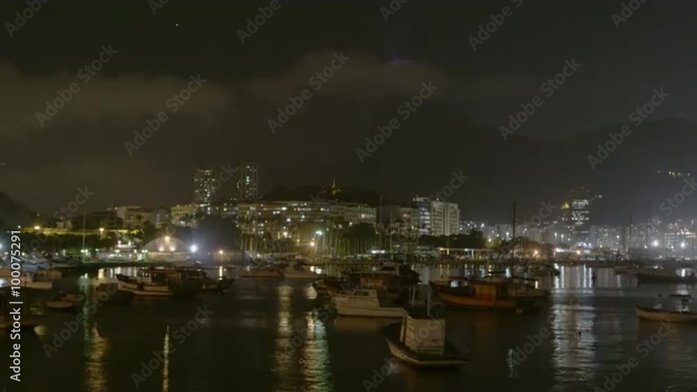 Sped up shot of a nighttime Rio across dark water. Sped up shot of a nighttime Rio across dark water.