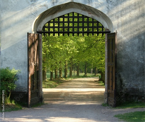 Square photo of opened doors of the historical gate with bars up