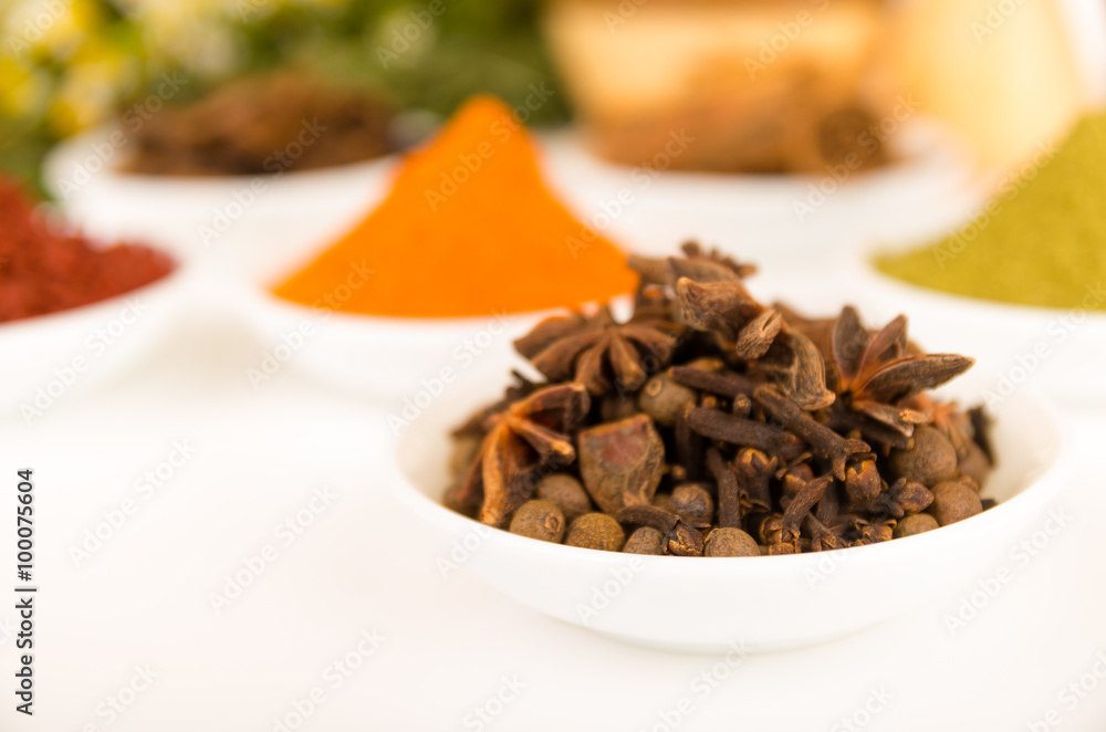Beautiful delicate colorful display of different spices red orange brown in white bowls, shot from above side angle, plants and bright background Beautiful delicate colorful display of different spices red orange brown in white bowls, shot from above side angle, plants and bright background