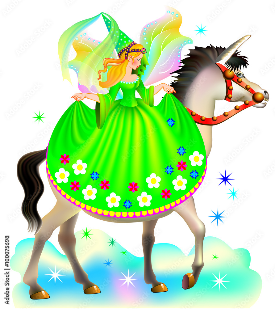 Illustration of fairy riding on unicorn, vector cartoon image. Stock ...