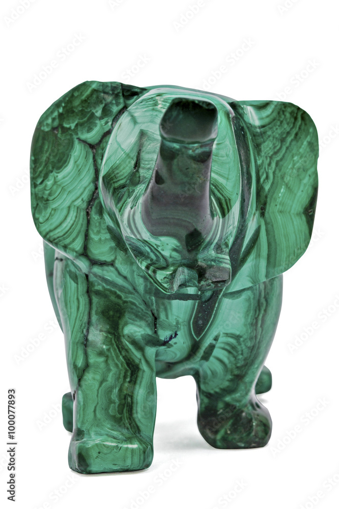 Naklejka premium Elephant figurine from malachite, isolated on white background,