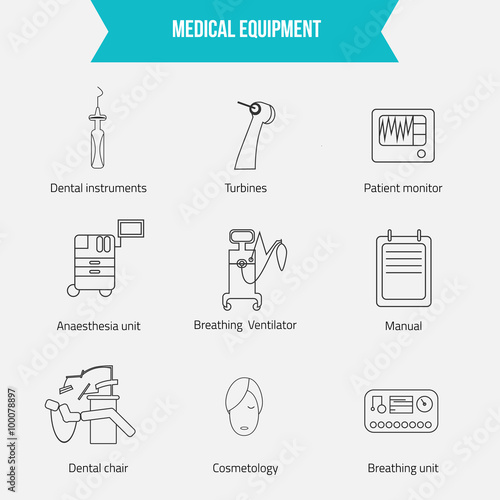 Thin lines web icon set - Medicine equipment including dental chair, breathing ventilator, patient monitor.