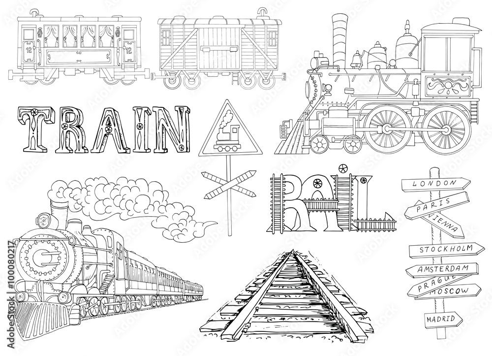 Fototapeta Hand drawn set with vintage locomotives and old train theme
