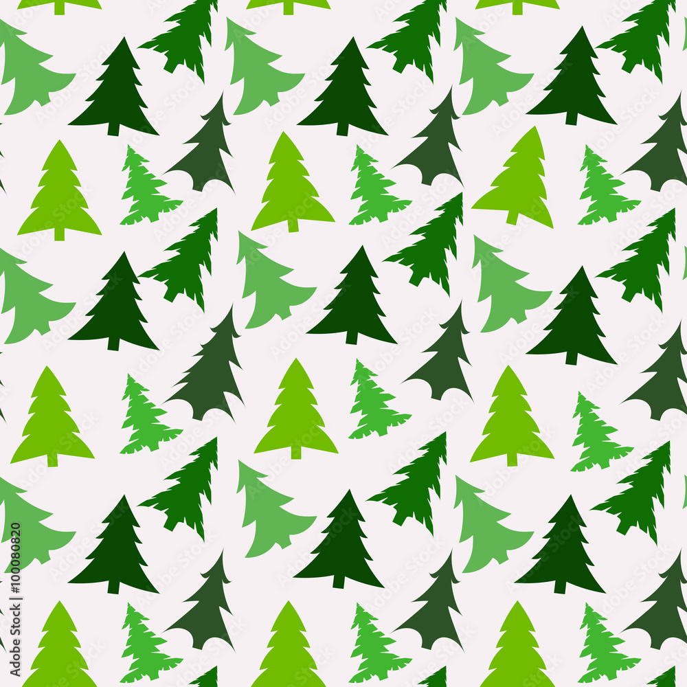 Seamless pattern with green silhouettes of fir-trees and pines on white background. Vector illustration