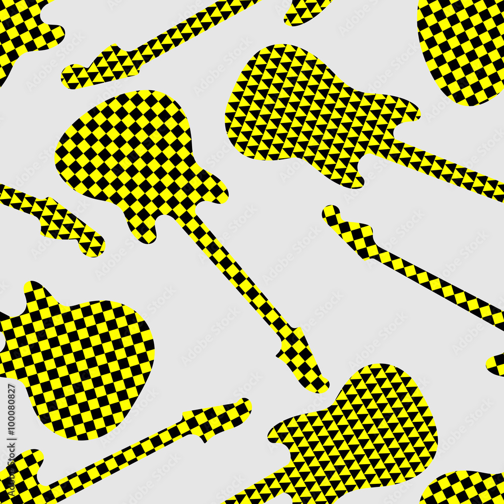 Fototapeta premium Seamless pattern with yellow taxi cell finish guitar silhouettes. Vector illustration