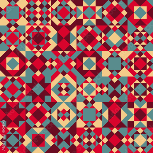 Vector Seamless Blue Red Color Overlay Irregular Geometric Blocks Quilt Pattern