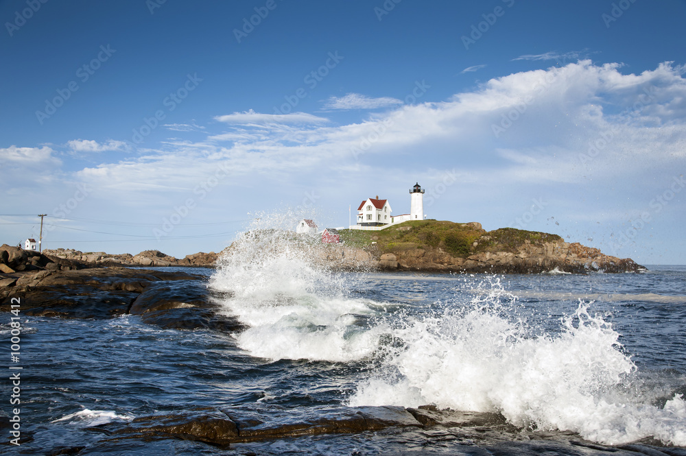 Surf Crashing by Nubble Lighthouse in Maine