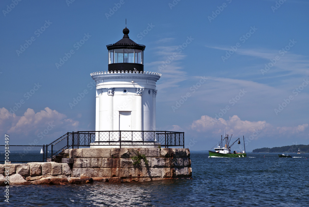 Portland Breakwater Lighthouse Guides Fishing Boat Home in Maine