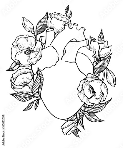 Human heart illustration with flowers.