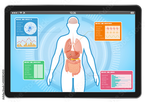 medical interface on tablet PC, human body and digestive organs, vector illustration