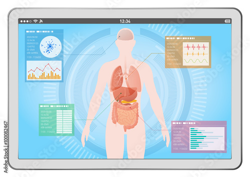 medical interface on tablet PC, human body and digestive organs, vector illustration