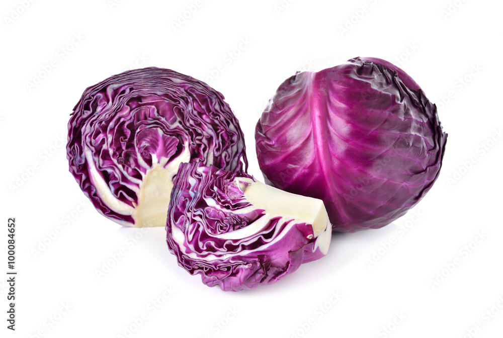 whole and cut fresh red cabbage on white background whole and cut fresh red cabbage on white background