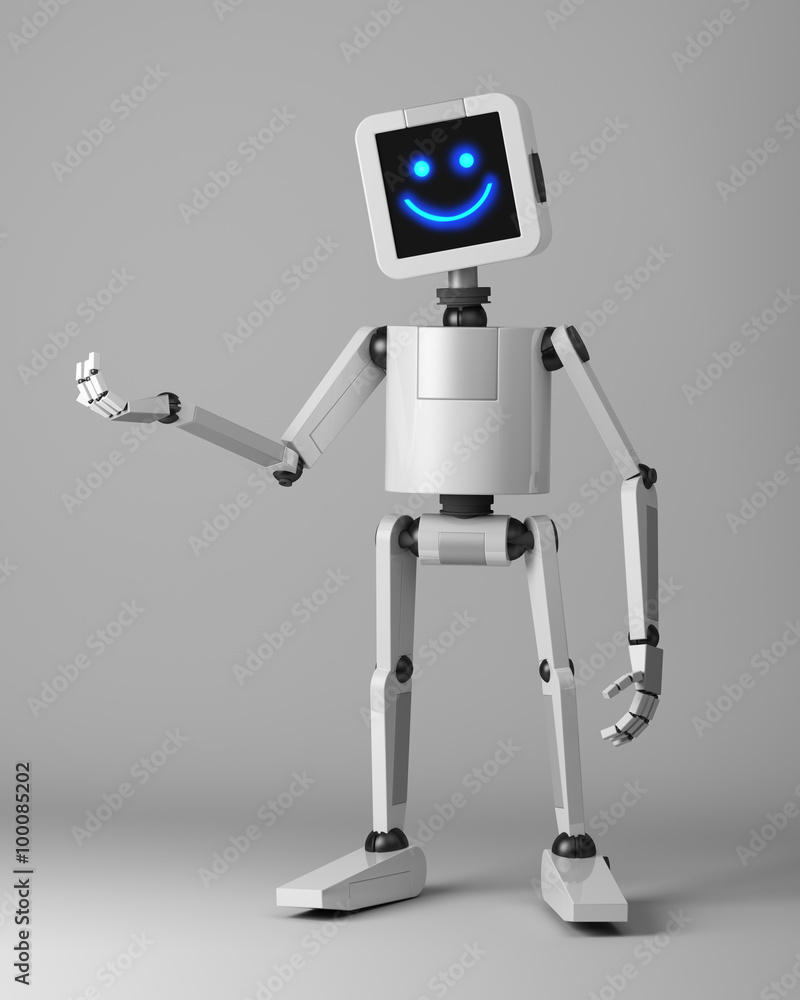 Fototapeta premium happy robot presenter standing on white background 3d render