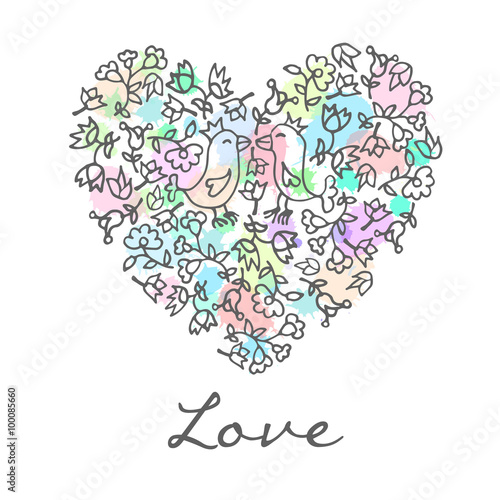 Floral cute doodle heart with birds. Template for card  wedding  Valentines day