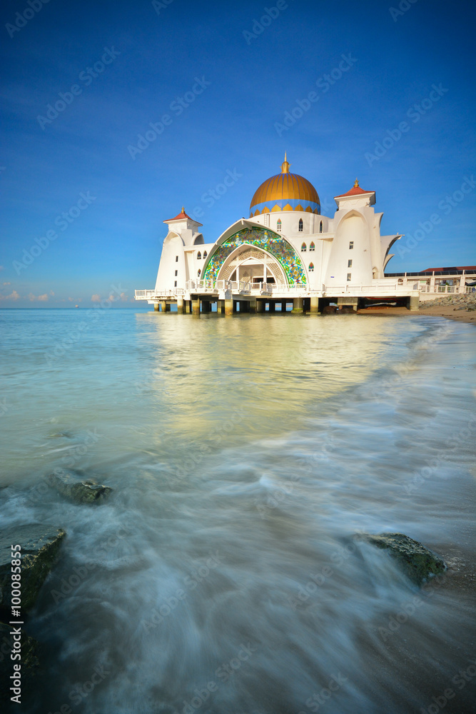 Beautiful clear blue sky over the Malacca straits mosque located at Malacca, Malaysia.